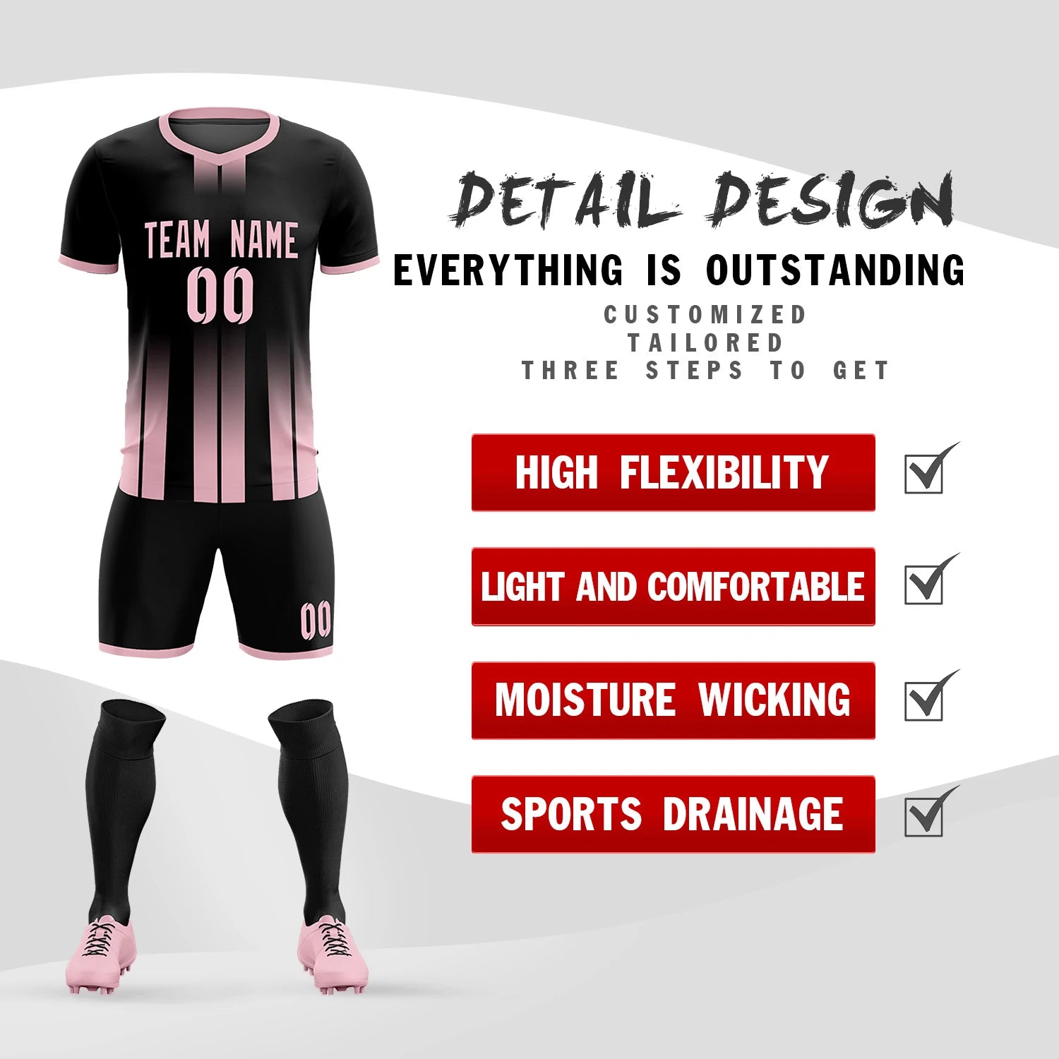 Custom Black Light Pink Vertical Training Uniform Soccer Sets Jersey