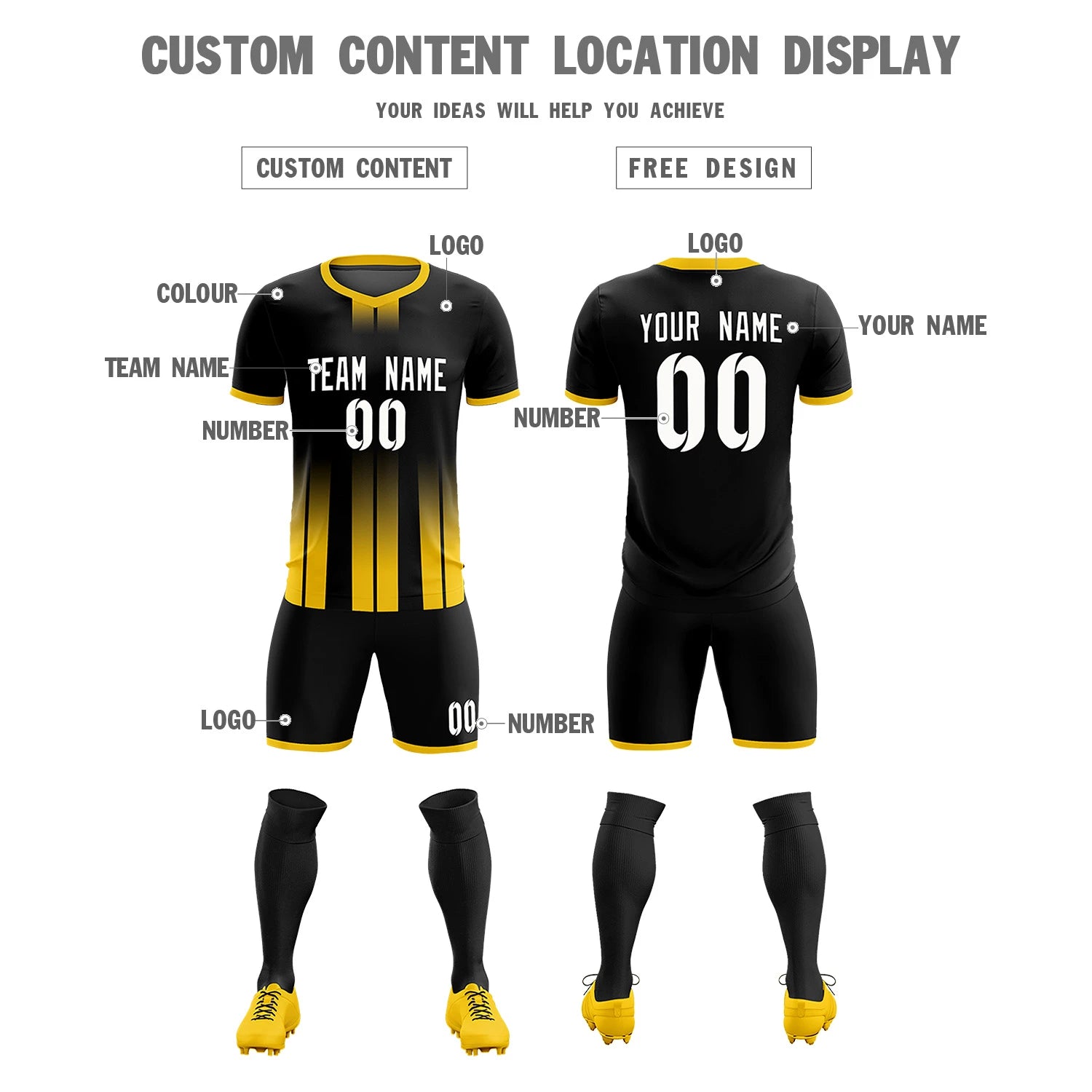 Custom Black Gold01 Vertical Training Uniform Soccer Sets Jersey