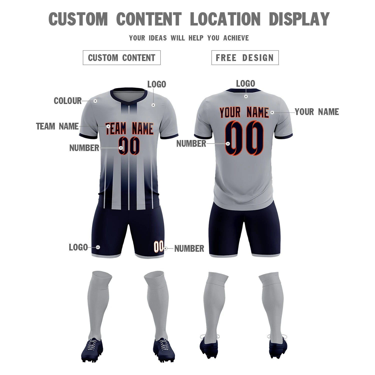 Custom Gray Navy Vertical Training Uniform Soccer Sets Jersey