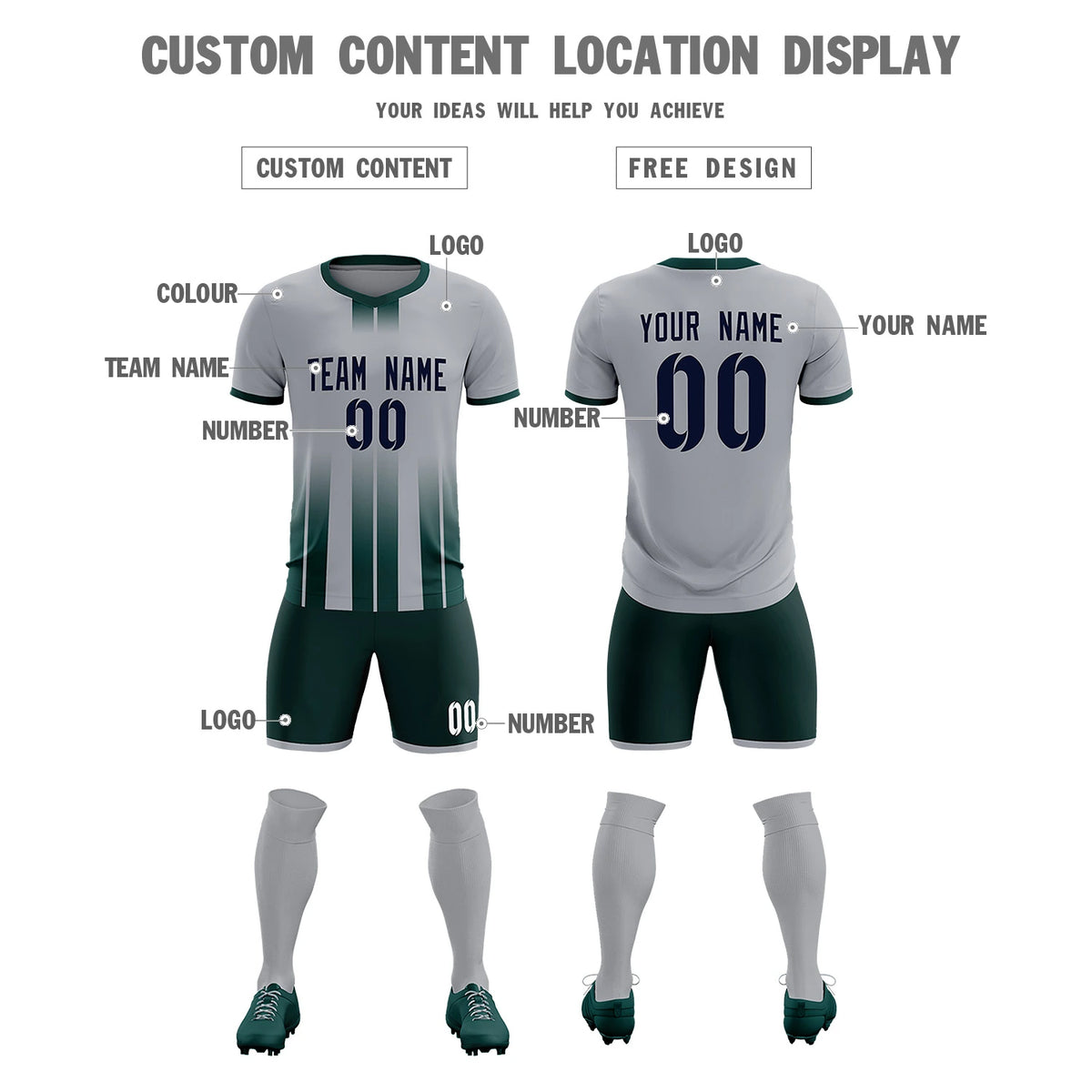 Custom Gray Midnight Green Vertical Training Uniform Soccer Sets Jersey