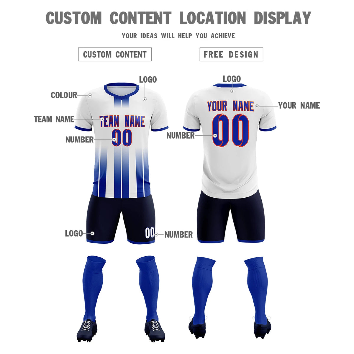 Custom White Royal Blue Vertical Training Uniform Soccer Sets Jersey