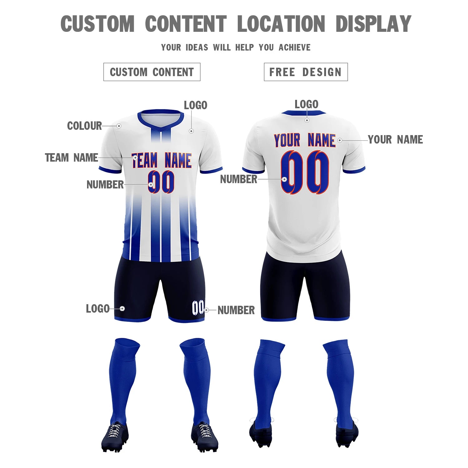 Custom White Royal Blue Vertical Training Uniform Soccer Sets Jersey