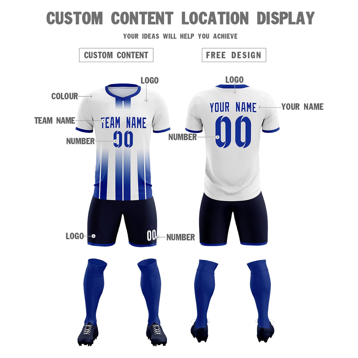 Custom White Royal Blue Vertical Training Uniform Soccer Sets Jersey