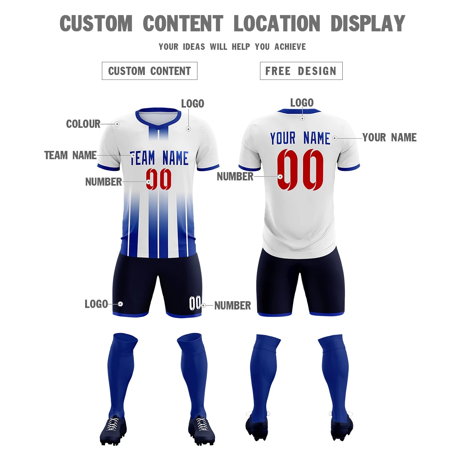 Custom White Royal Blue Vertical Training Uniform Soccer Sets Jersey