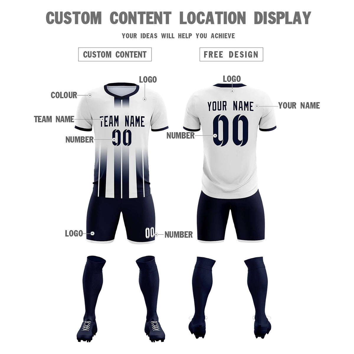 Custom White Navy Vertical Training Uniform Soccer Sets Jersey