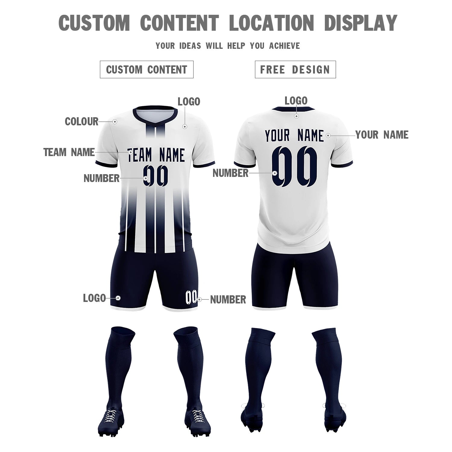 Custom White Navy Vertical Training Uniform Soccer Sets Jersey
