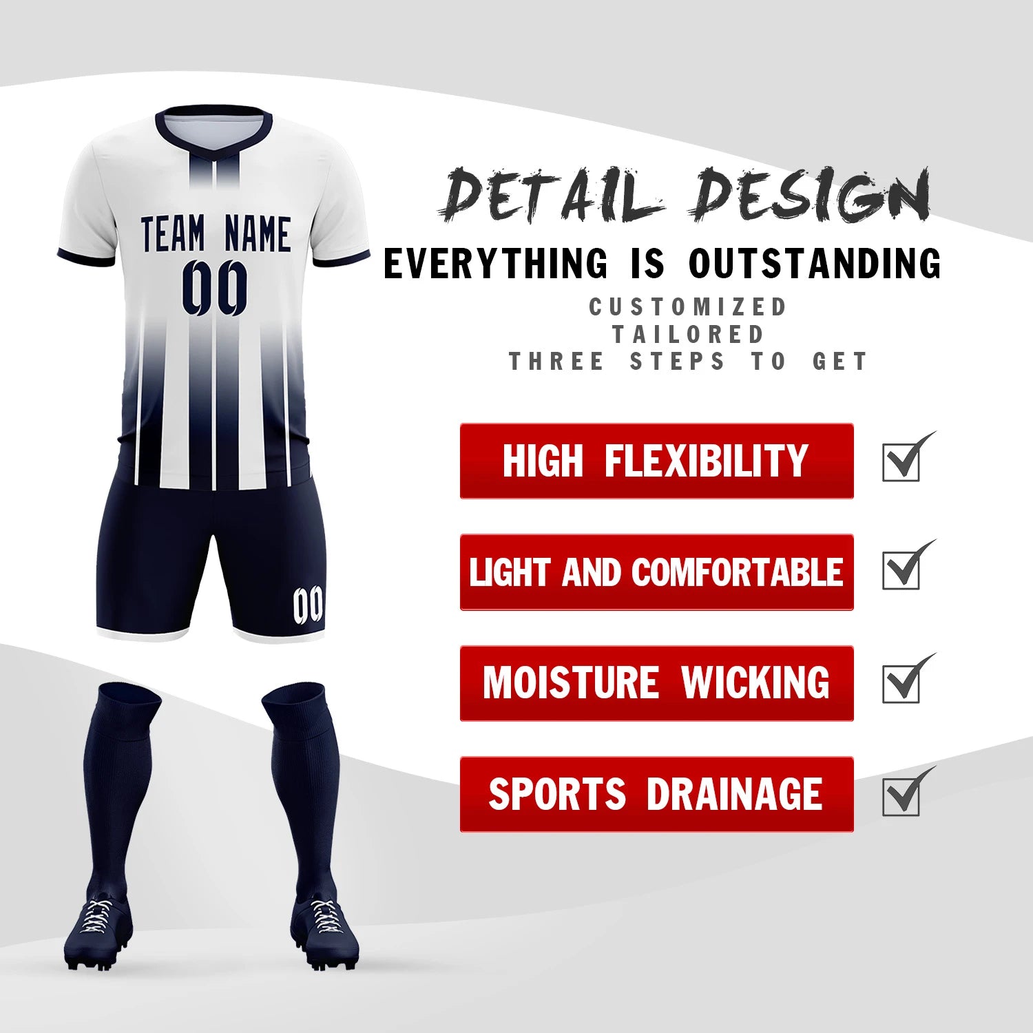 Custom White Navy Vertical Training Uniform Soccer Sets Jersey