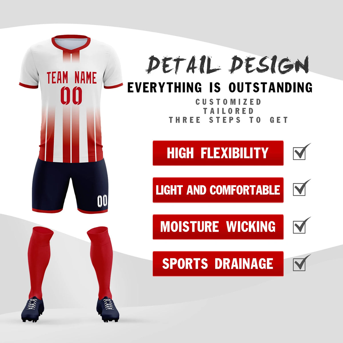 Custom White Red Vertical Training Uniform Soccer Sets Jersey