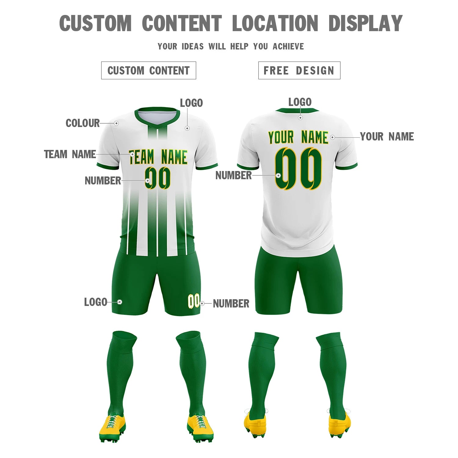 Custom White Kelly Green Vertical Training Uniform Soccer Sets Jersey