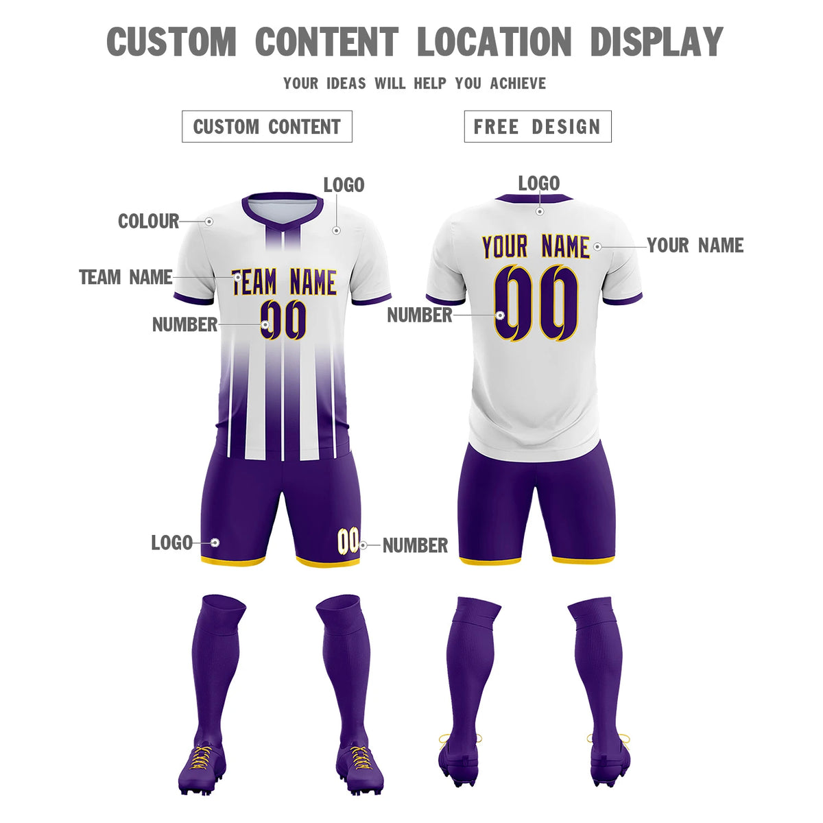 Custom White Purple Vertical Training Uniform Soccer Sets Jersey
