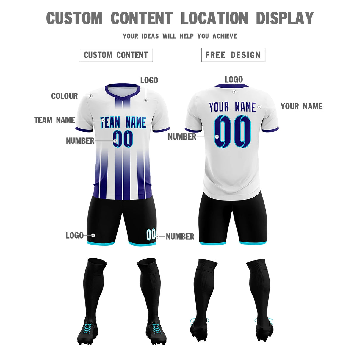 Custom White Purple Vertical Training Uniform Soccer Sets Jersey