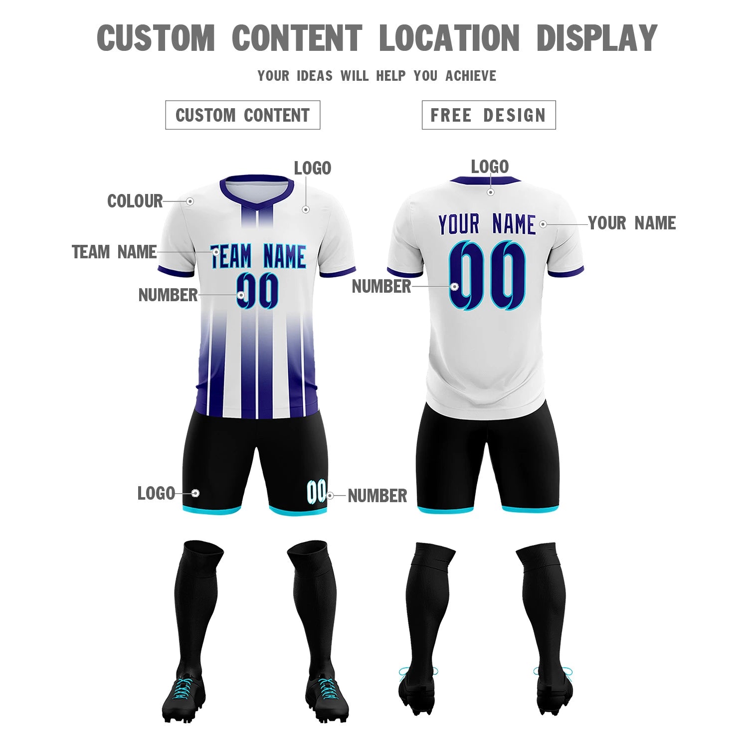 Custom White Purple Vertical Training Uniform Soccer Sets Jersey