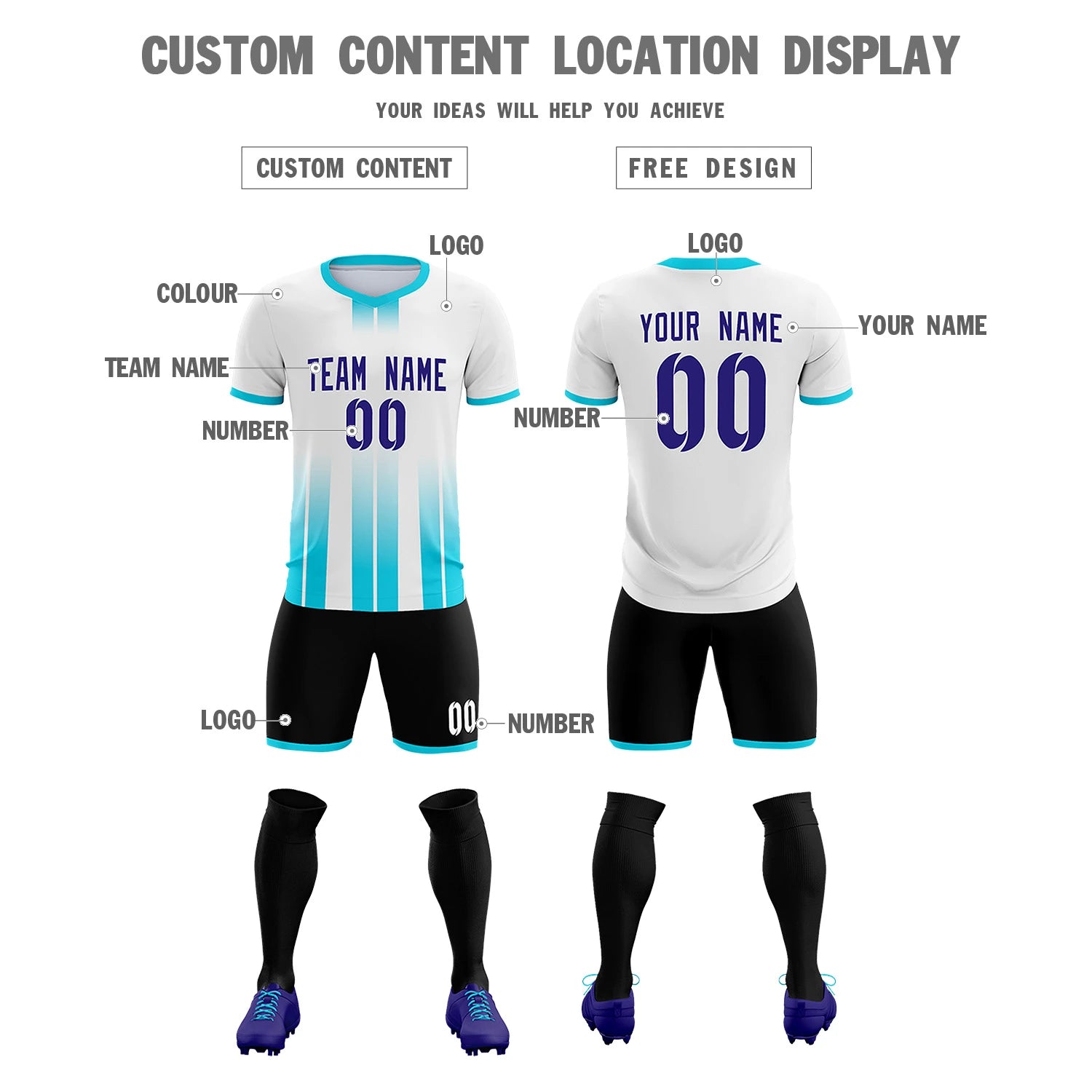 Custom White Sky Blue Vertical Training Uniform Soccer Sets Jersey