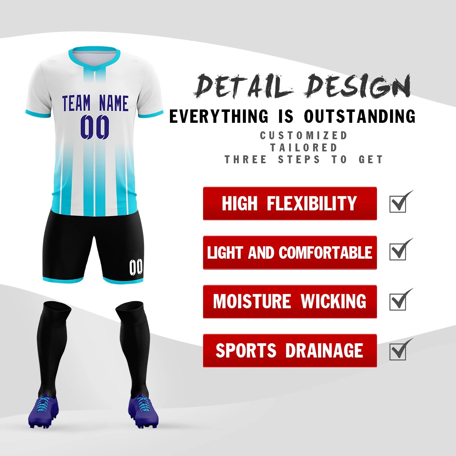 Custom White Sky Blue Vertical Training Uniform Soccer Sets Jersey