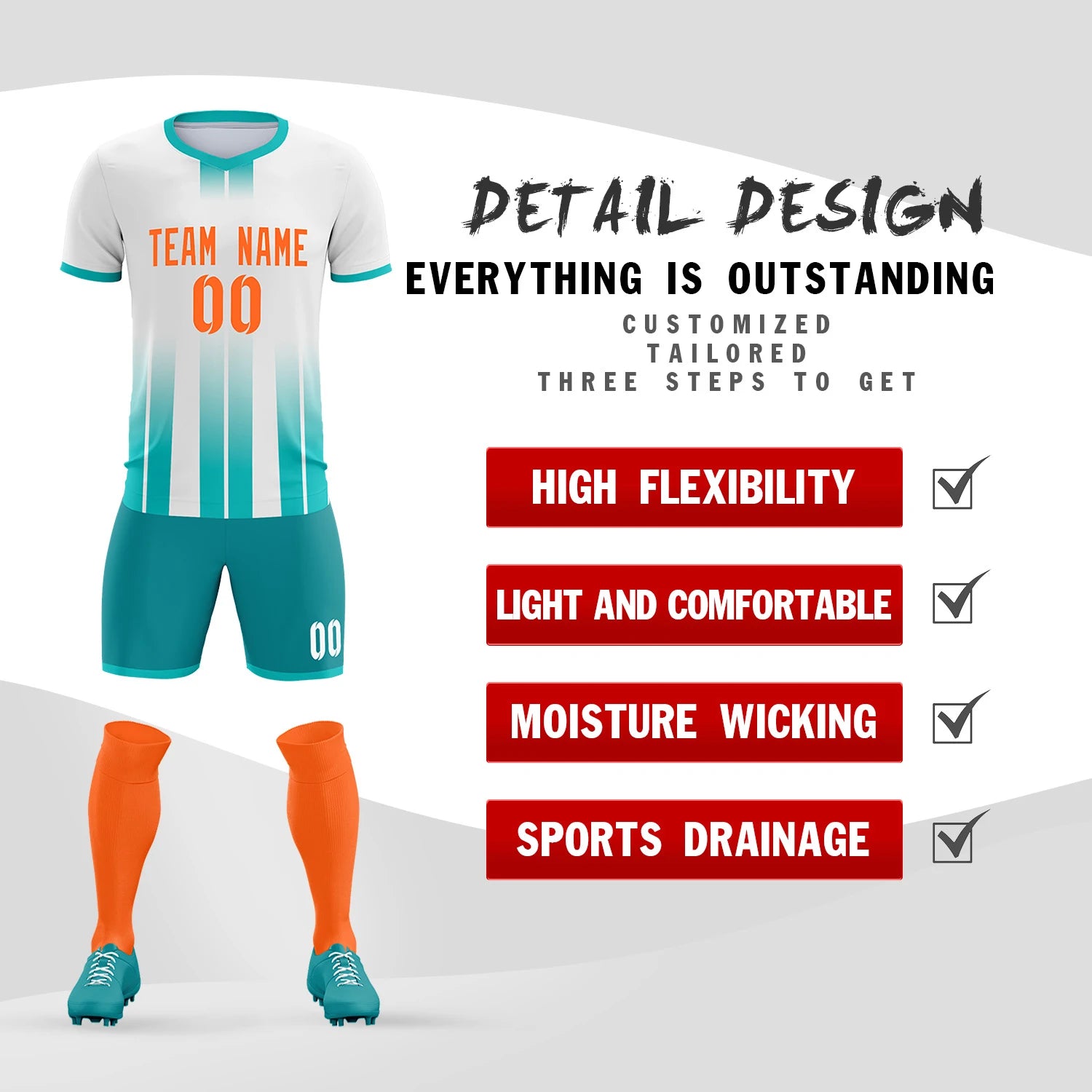 Custom White Bright Blue Vertical Training Uniform Soccer Sets Jersey