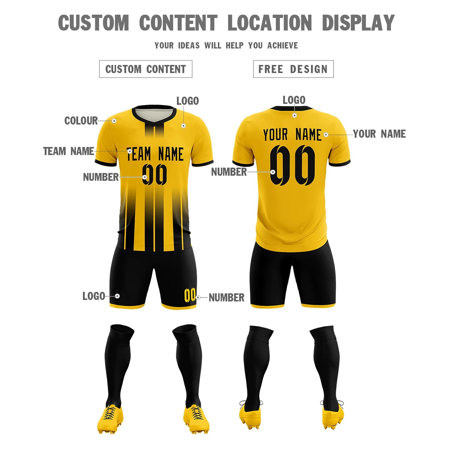 Custom Gold01 Black Vertical Training Uniform Soccer Sets Jersey