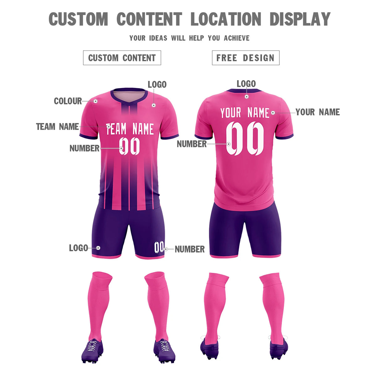 Custom Pink Purple Vertical Training Uniform Soccer Sets Jersey