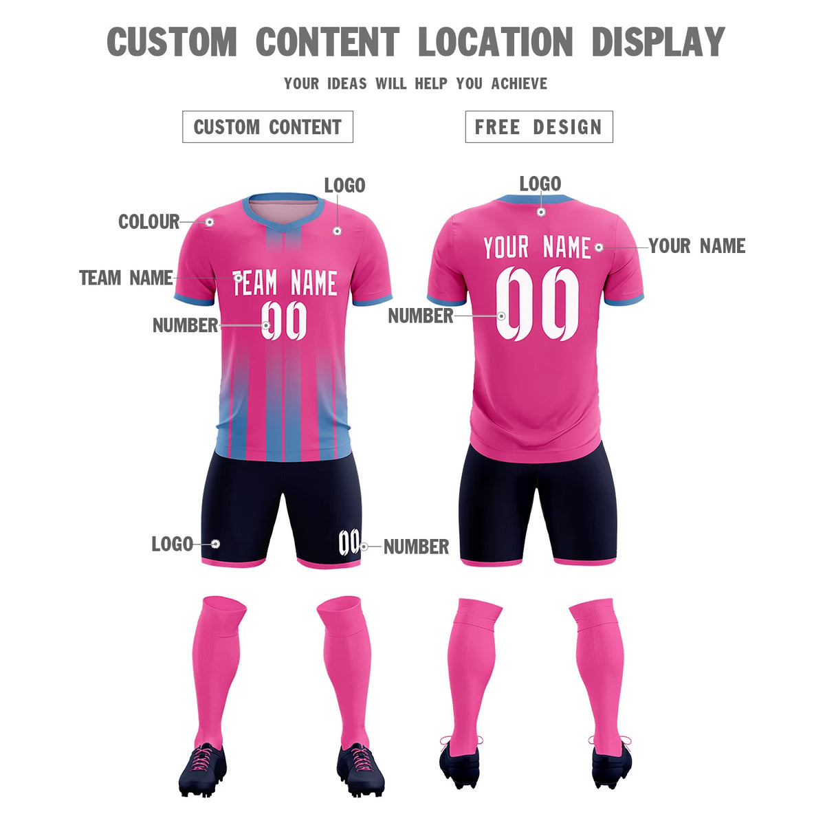 Custom Pink Light Blue Vertical Training Uniform Soccer Sets Jersey