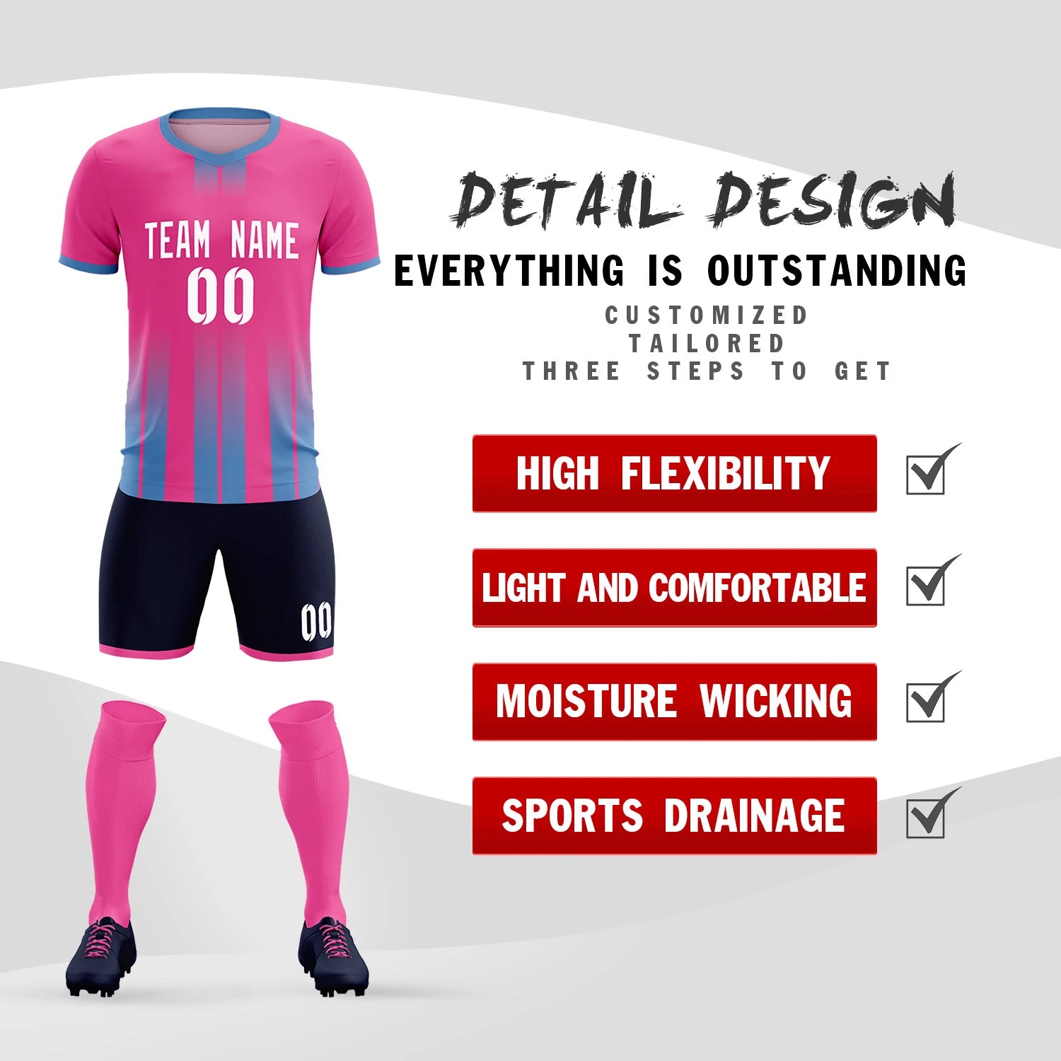 Custom Pink Light Blue Vertical Training Uniform Soccer Sets Jersey