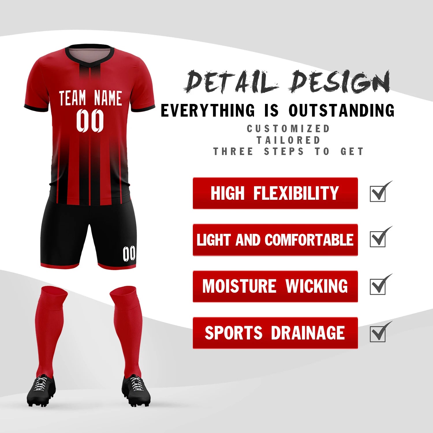 Custom Red Black Vertical Training Uniform Soccer Sets Jersey