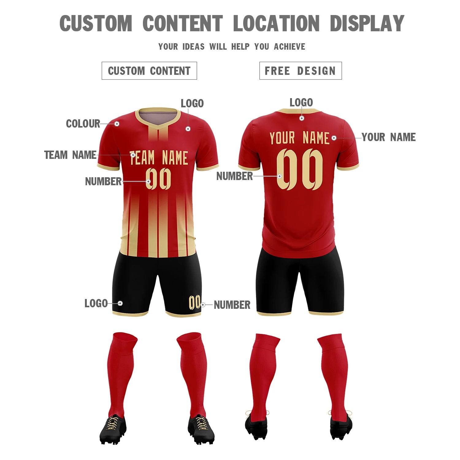Custom Red Khaki Vertical Training Uniform Soccer Sets Jersey