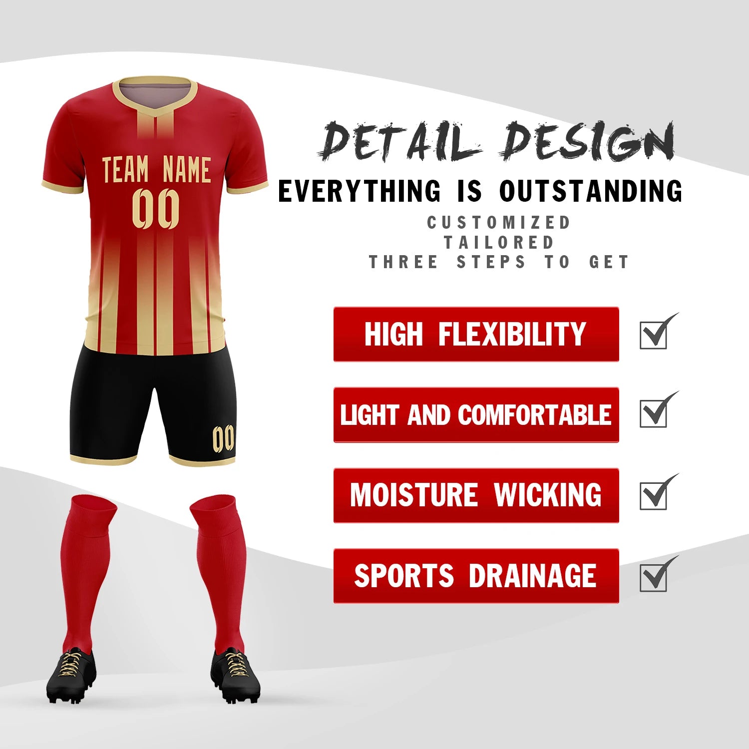 Custom Red Khaki Vertical Training Uniform Soccer Sets Jersey