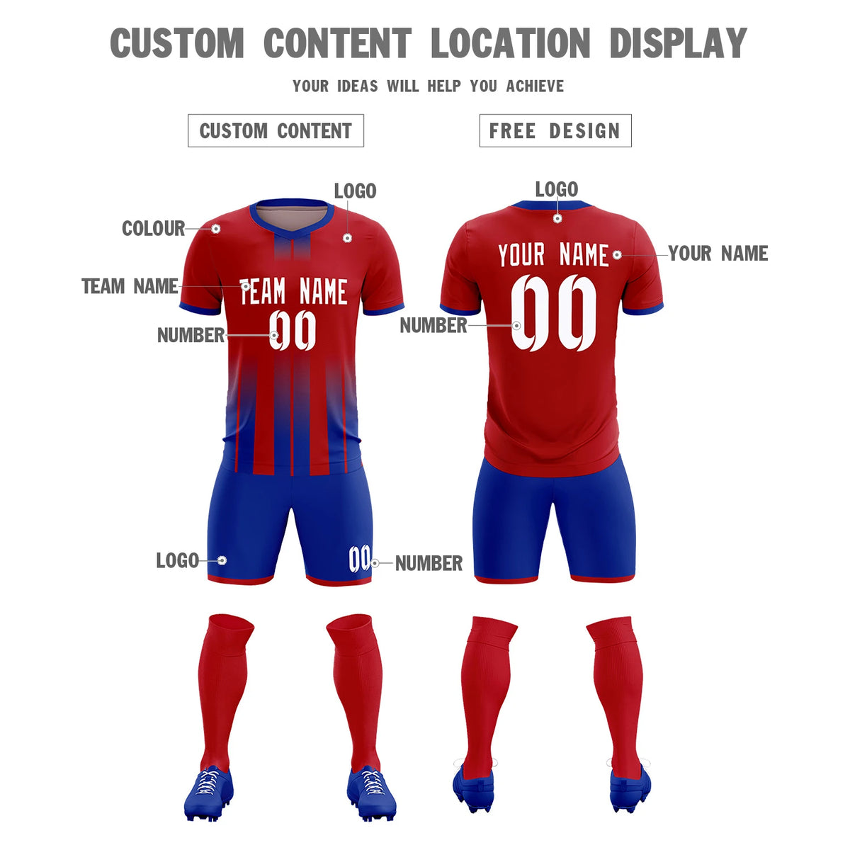 Custom Red Royal Blue Vertical Training Uniform Soccer Sets Jersey
