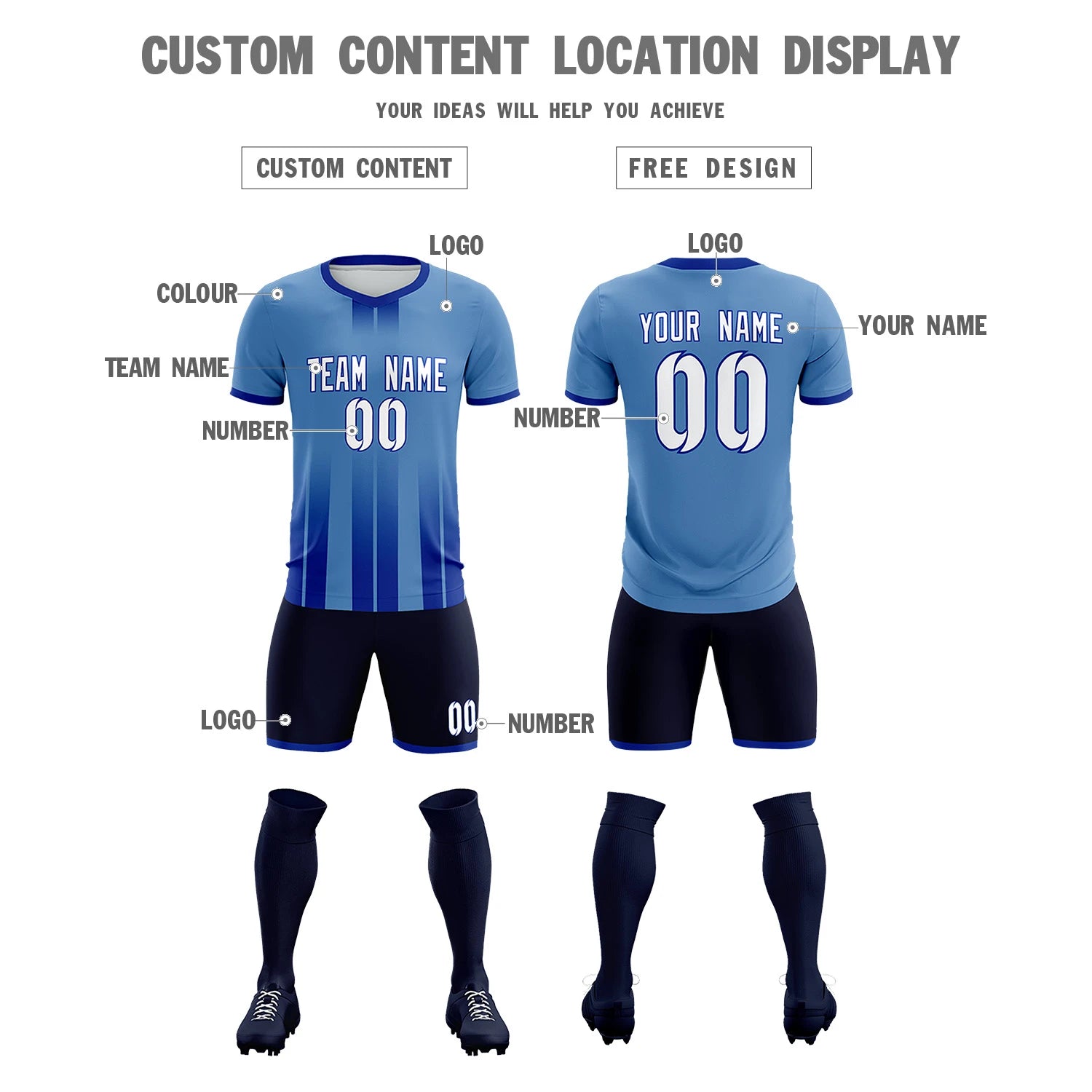 Custom Light Blue Royal Blue Vertical Training Uniform Soccer Sets Jersey