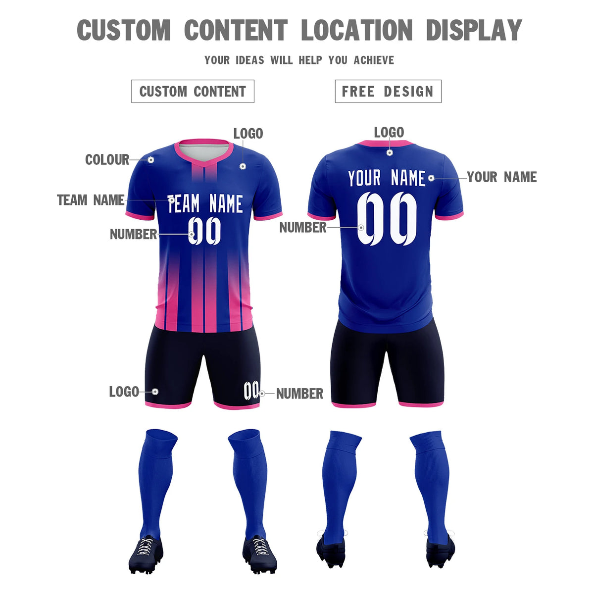 Custom Royal Blue Pink Vertical Training Uniform Soccer Sets Jersey