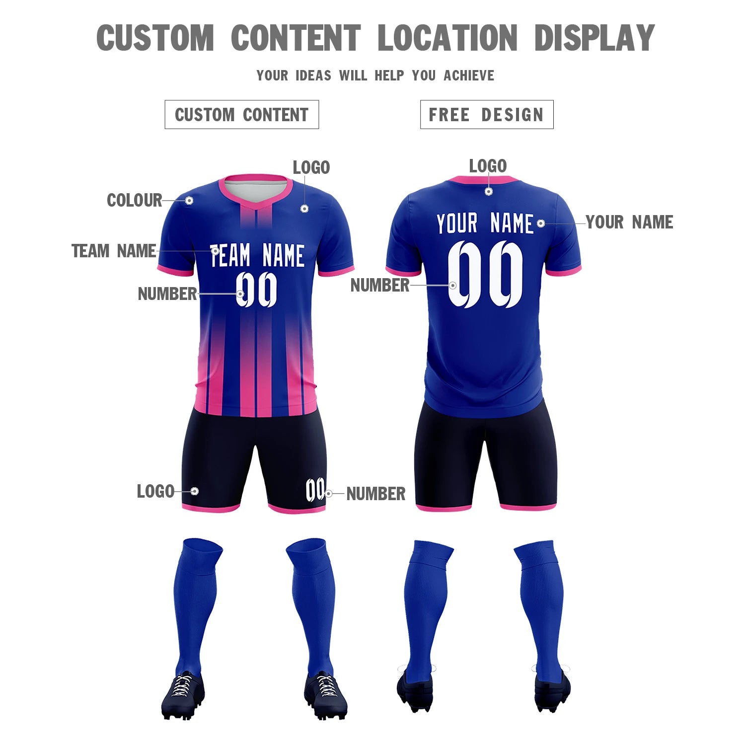 Custom Royal Blue Pink Vertical Training Uniform Soccer Sets Jersey