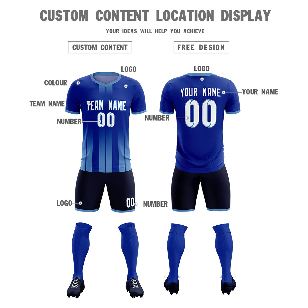 Custom Royal Blue Light Blue Vertical Training Uniform Soccer Sets Jersey