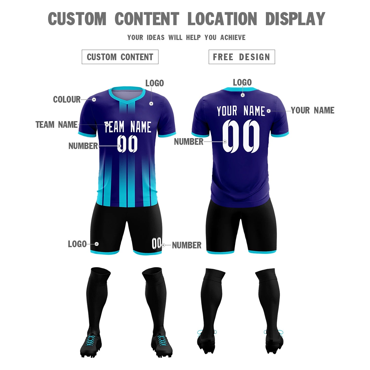 Custom Purple Sky Blue Vertical Training Uniform Soccer Sets Jersey