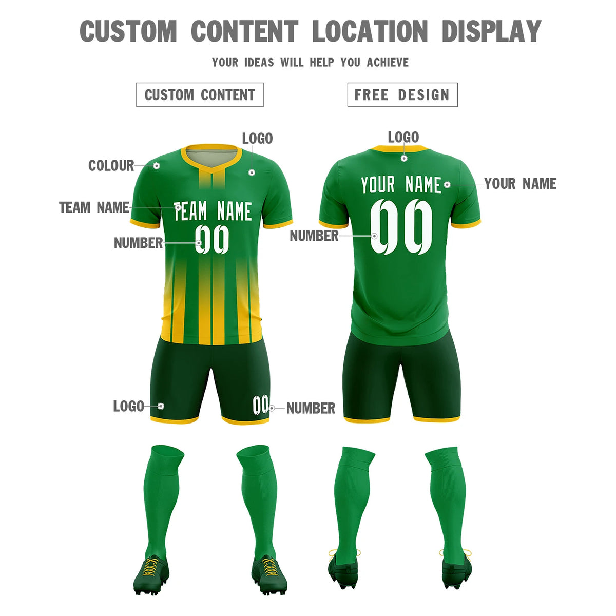 Custom Kelly Green Gold01 Vertical Training Uniform Soccer Sets Jersey
