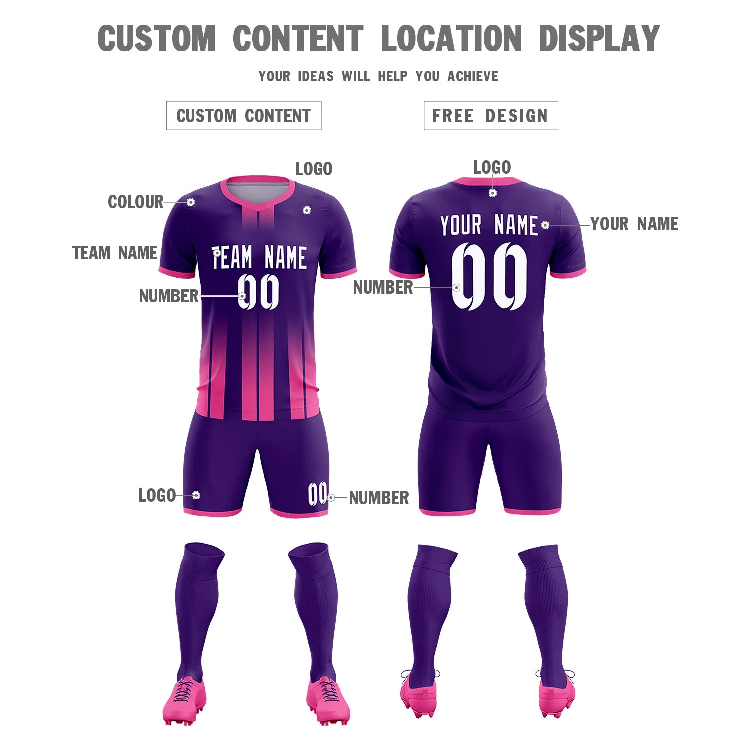 Custom Purple Pink Vertical Training Uniform Soccer Sets Jersey