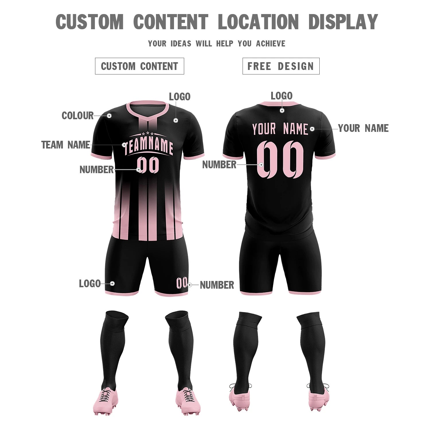 Custom Black Light Pink Vertical Training Uniform Soccer Sets Jersey