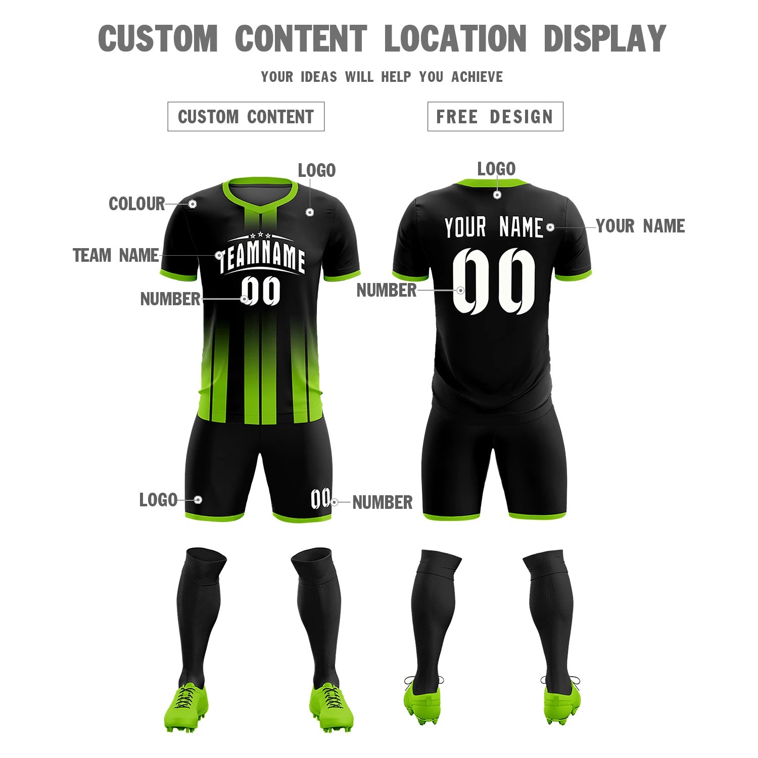 Custom Black Neon Green Vertical Training Uniform Soccer Sets Jersey