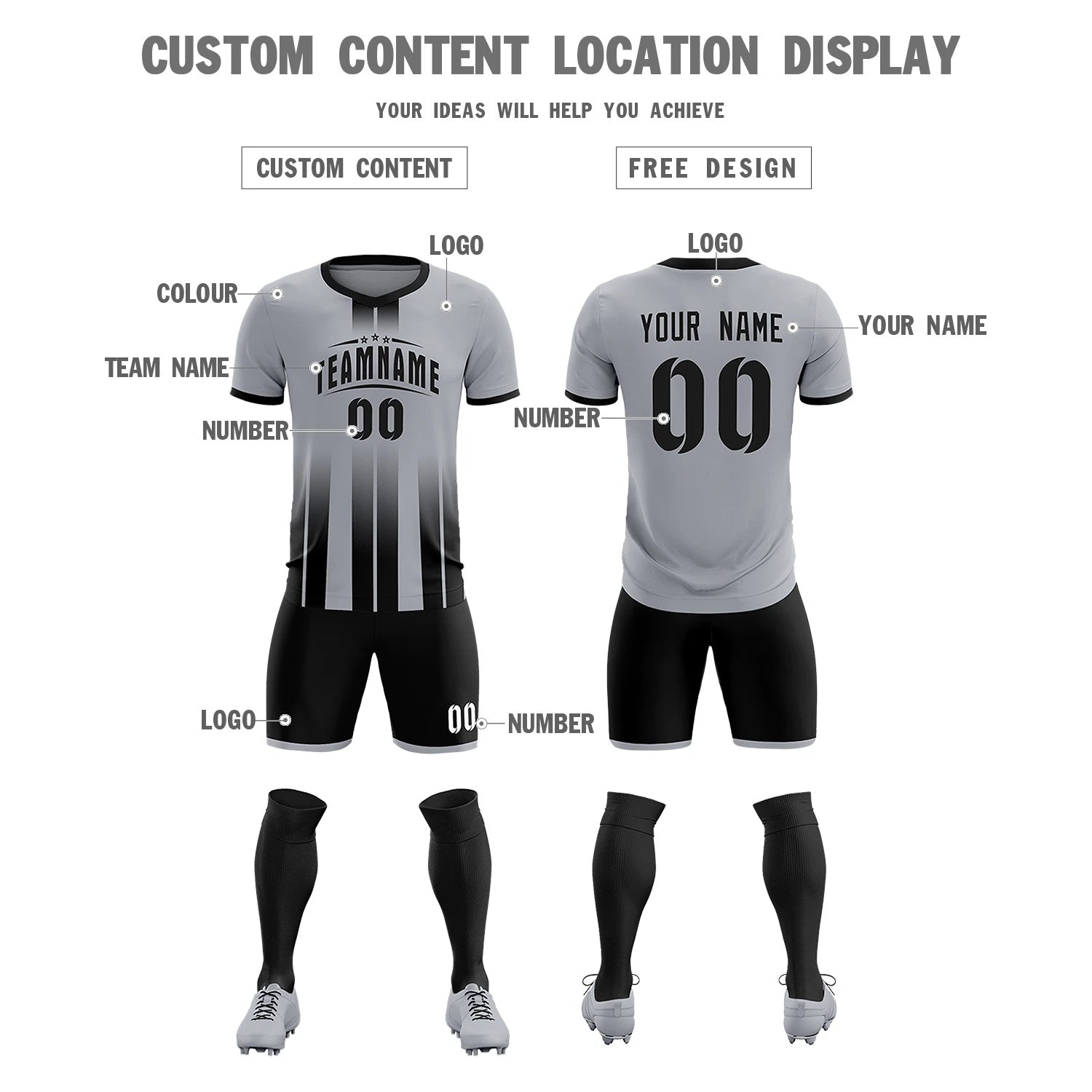 Custom Gray Black Vertical Training Uniform Soccer Sets Jersey