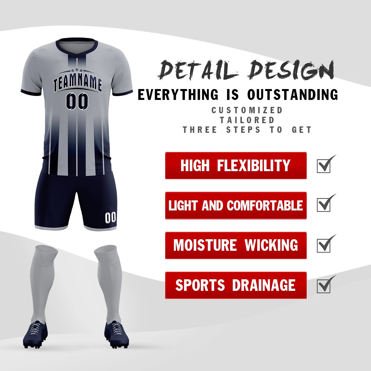 Custom Gray Navy Vertical Training Uniform Soccer Sets Jersey