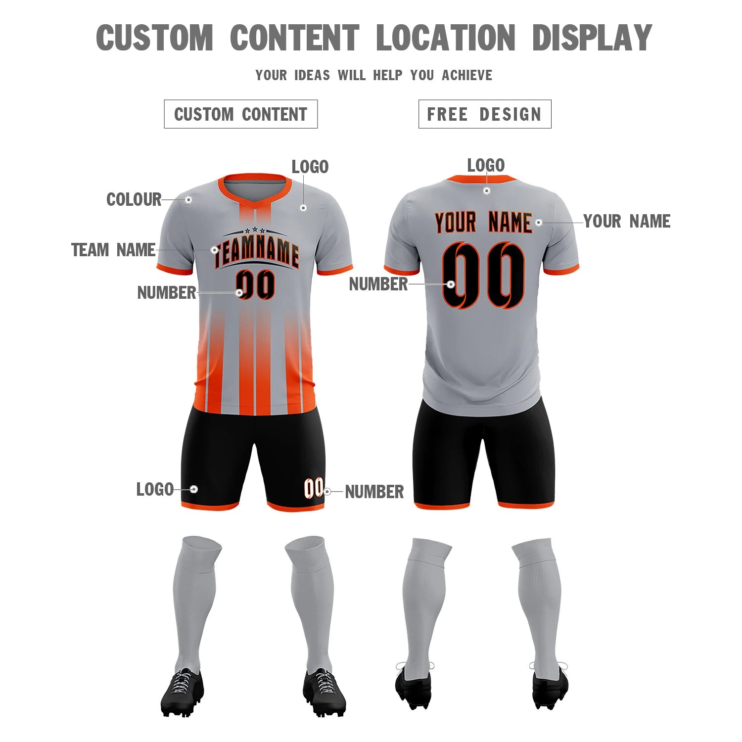 Custom Gray Orange Vertical Training Uniform Soccer Sets Jersey