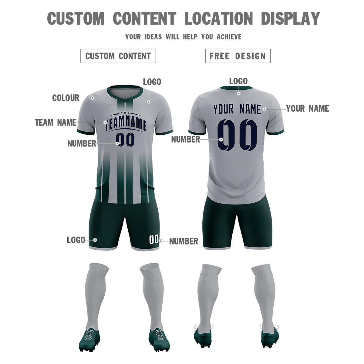 Custom Gray Midnight Green Vertical Training Uniform Soccer Sets Jersey