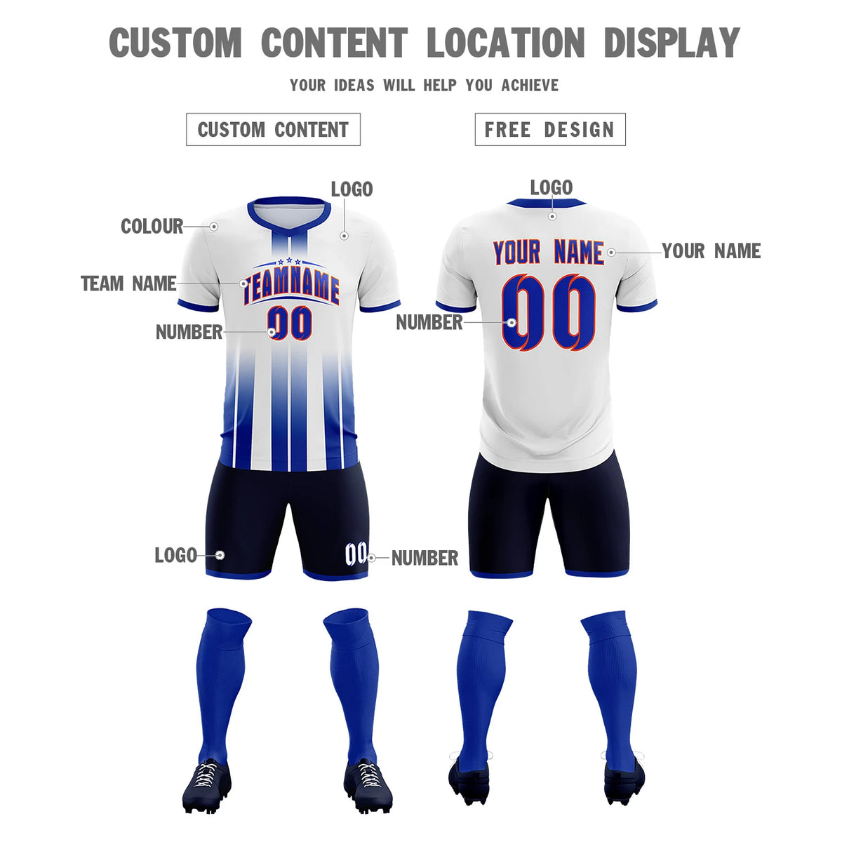 Custom White Royal Blue Vertical Training Uniform Soccer Sets Jersey