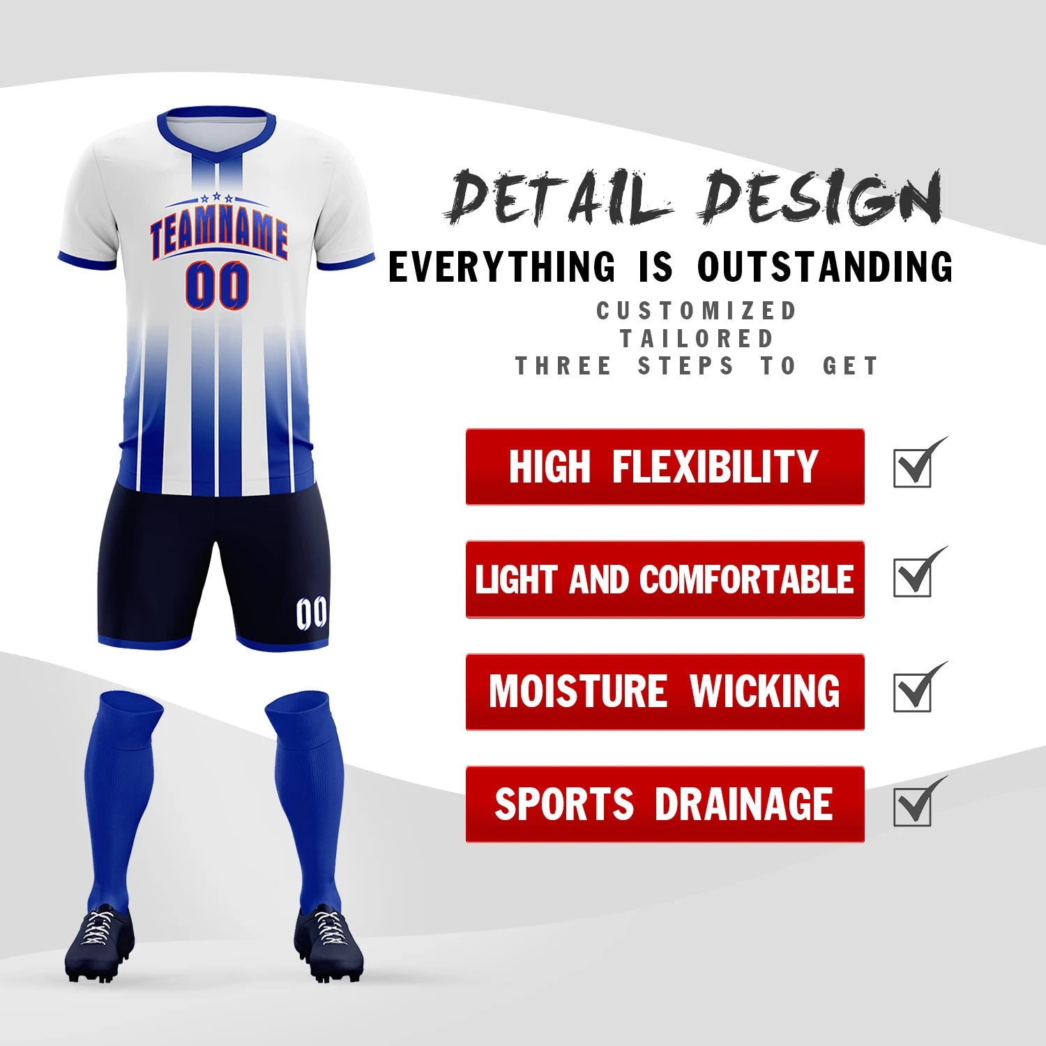 Custom White Royal Blue Vertical Training Uniform Soccer Sets Jersey