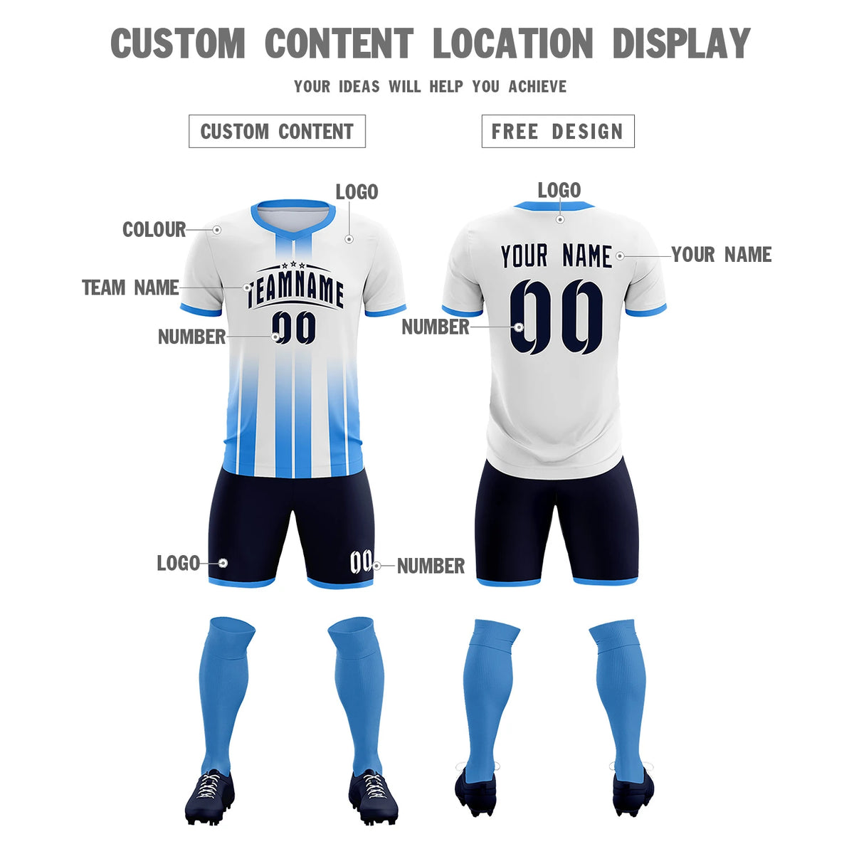 Custom White Powder Blue Vertical Training Uniform Soccer Sets Jersey