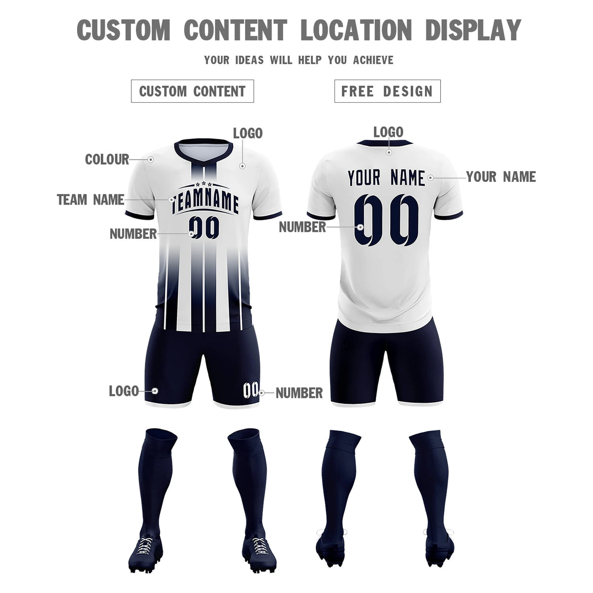 Custom White Navy Vertical Training Uniform Soccer Sets Jersey