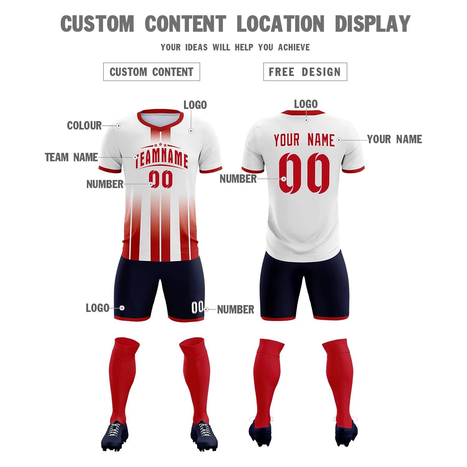 Custom White Red Vertical Training Uniform Soccer Sets Jersey