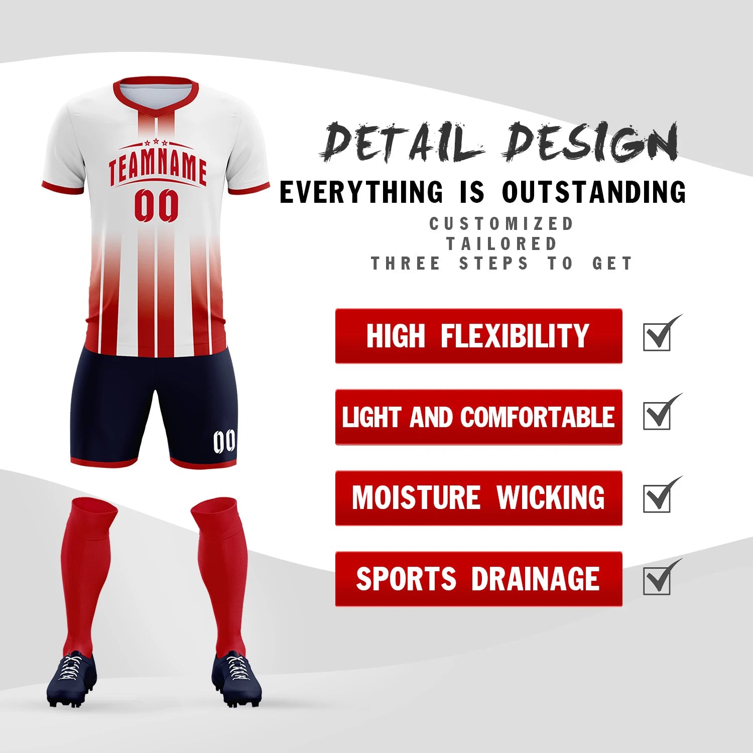 Custom White Red Vertical Training Uniform Soccer Sets Jersey