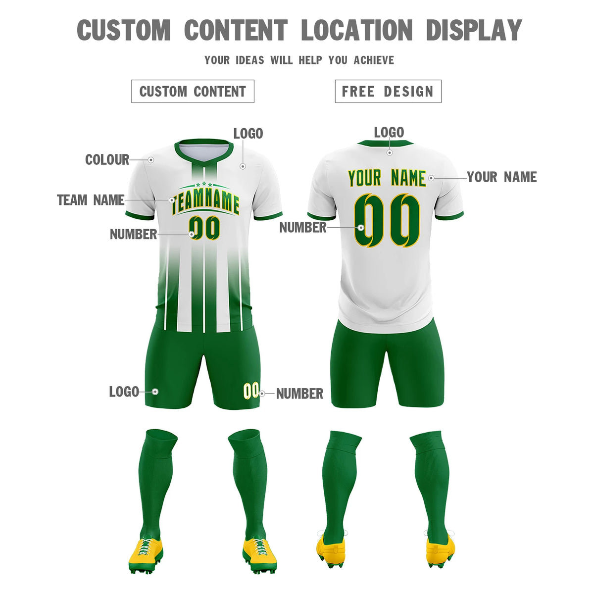 Custom White Kelly Green Vertical Training Uniform Soccer Sets Jersey