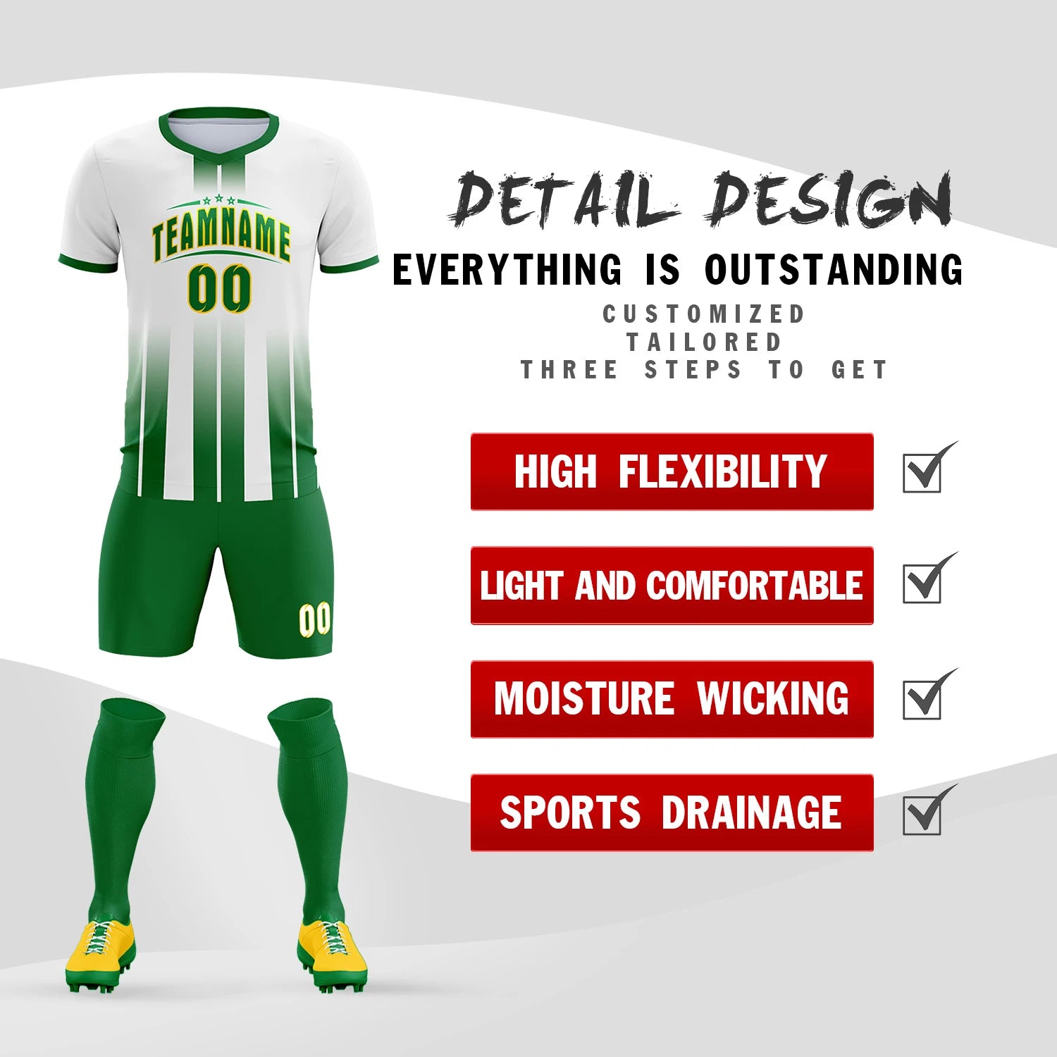 Custom White Kelly Green Vertical Training Uniform Soccer Sets Jersey