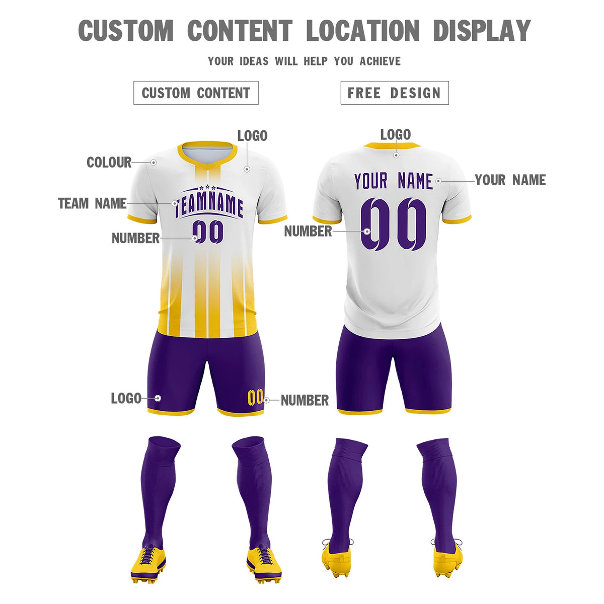 Custom White Gold01 Vertical Training Uniform Soccer Sets Jersey