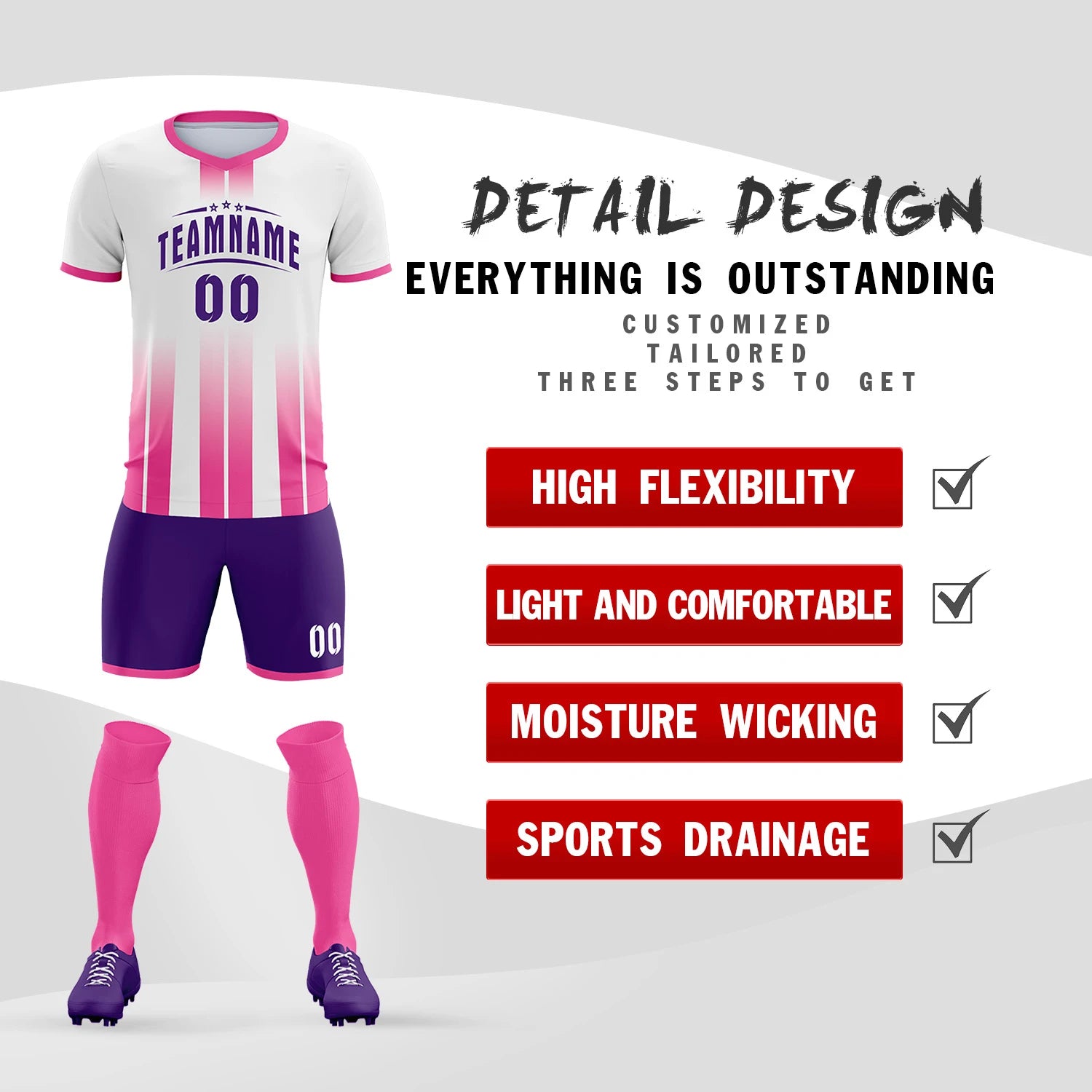Custom White Pink Vertical Training Uniform Soccer Sets Jersey